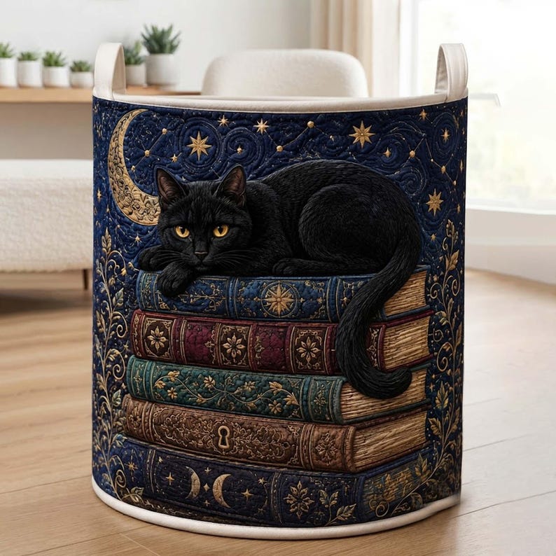 Celestial Library Black Cat Quilted Laundry Basket: Magic Book Storage Bin, Quilted Fabric Hamper