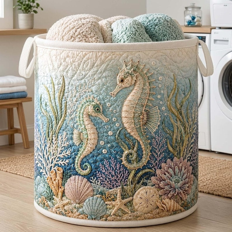 Coastal Seahorse Quilted Laundry Basket: Ocean Beach Storage Bin, Quilted Fabric Hamper