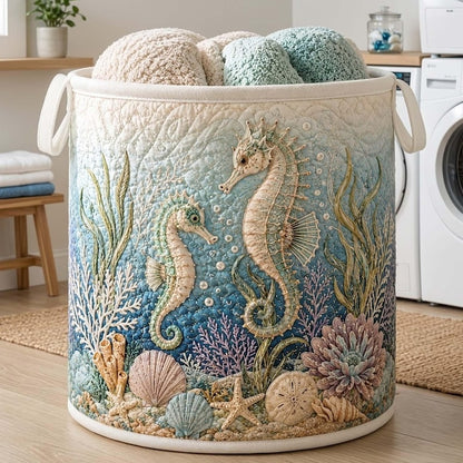 Coastal Seahorse Quilted Laundry Basket: Ocean Beach Storage Bin, Quilted Fabric Hamper