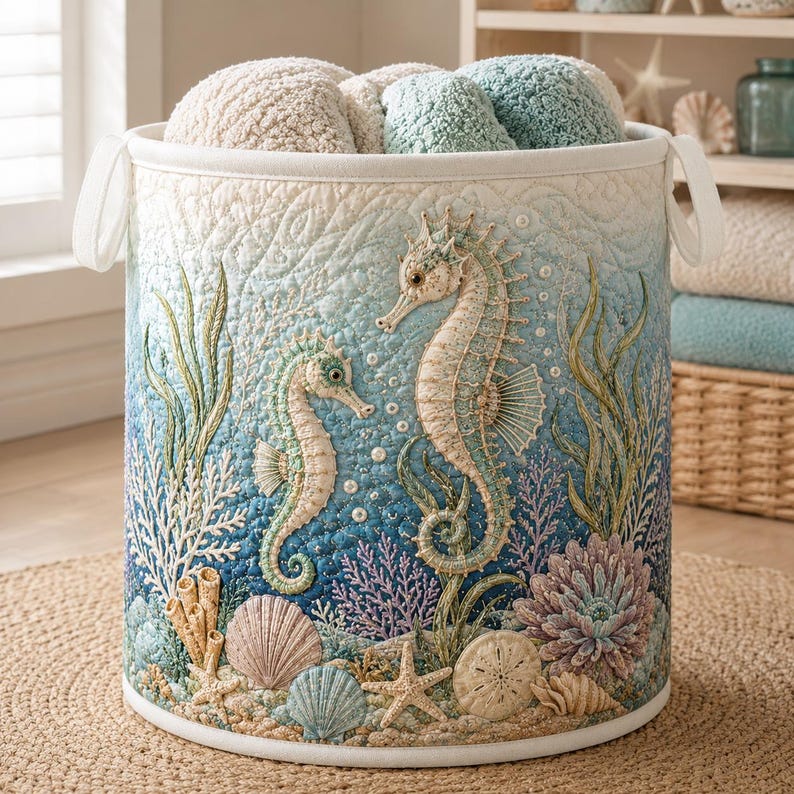 Coastal Seahorse Quilted Laundry Basket: Ocean Beach Storage Bin, Quilted Fabric Hamper