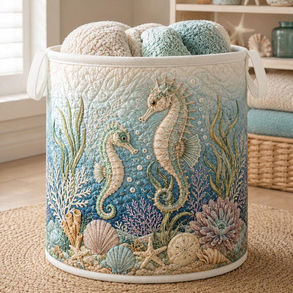 Coastal Seahorse Quilted Laundry Basket: Ocean Beach Storage Bin, Quilted Fabric Hamper