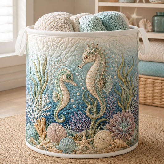 Coastal Seahorse Quilted Laundry Basket: Ocean Beach Storage Bin, Quilted Fabric Hamper