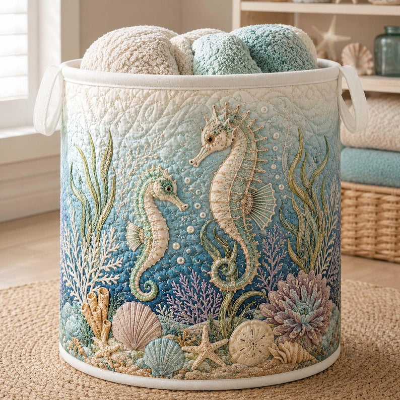 Coastal Seahorse Quilted Laundry Basket: Ocean Beach Storage Bin, Quilted Fabric Hamper