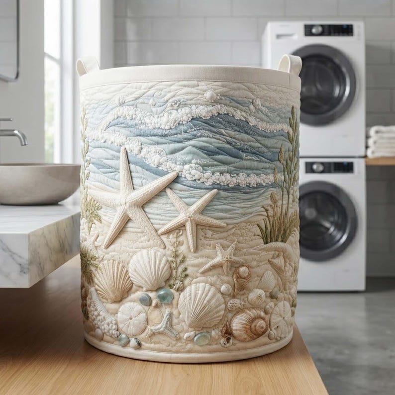 Coastal Charm Ocean Beach Quilted Laundry Basket: Nautical Sea Storage Bin, Quilted Fabric Hamper