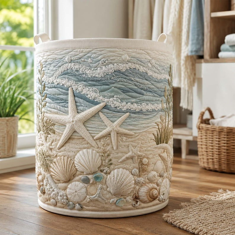 Coastal Charm Ocean Beach Quilted Laundry Basket: Nautical Sea Storage Bin, Quilted Fabric Hamper