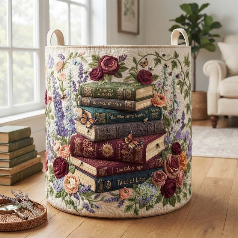 Garden Treasure Quilted Laundry Basket: Botanical Floral Storage Bin, Quilted Fabric Hamper