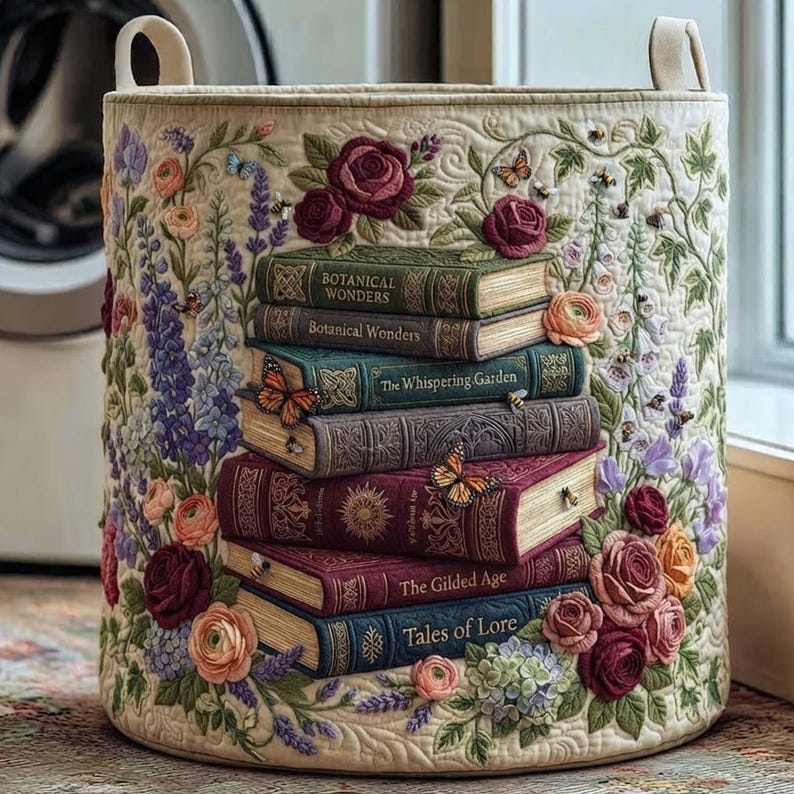 Garden Treasure Quilted Laundry Basket: Botanical Floral Storage Bin, Quilted Fabric Hamper