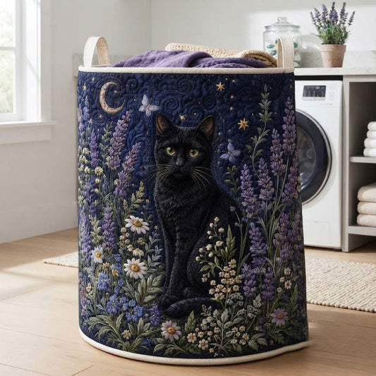 Midnight Lavender Black Cat Quilted Laundry Basket: Magic Floral Storage Bin, Quilted Fabric Hamper