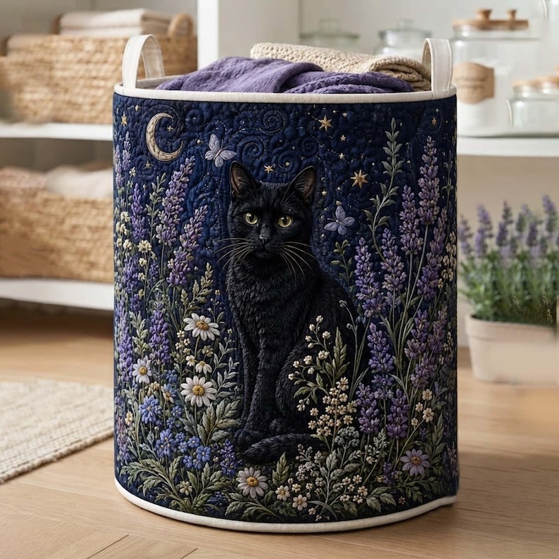 Midnight Lavender Black Cat Quilted Laundry Basket: Magic Floral Storage Bin, Quilted Fabric Hamper