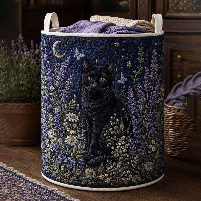 Midnight Lavender Black Cat Quilted Laundry Basket: Magic Floral Storage Bin, Quilted Fabric Hamper