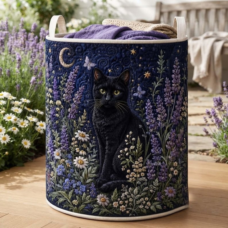 Midnight Lavender Black Cat Quilted Laundry Basket: Magic Floral Storage Bin, Quilted Fabric Hamper