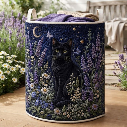 Midnight Lavender Black Cat Quilted Laundry Basket: Magic Floral Storage Bin, Quilted Fabric Hamper