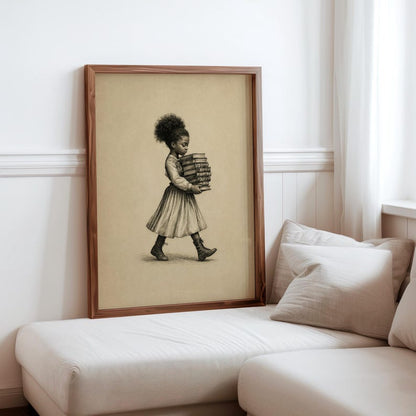 Black Girl Carrying Books Wall Art,  Retro Book Lover Print, Vintage Library Book Nook Poster, Reading Room Decor, Afrocentric storybook