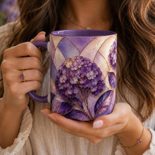 Personalized Purple Hydrangea Stained Glass Mug | Custom Name Floral Coffee Mug | Birth Flower Gift | Lavender Flower Cup, gift for her.