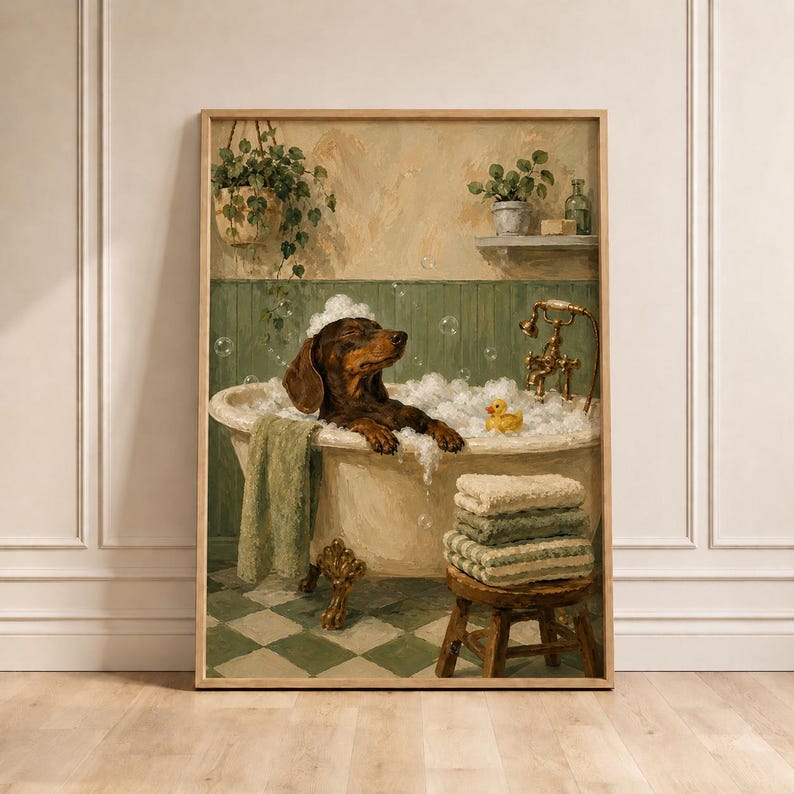 Funny Dachshund Bath Oil Painting Art, Sausage Dog in Bathtub Print, Green Bathroom Wall Decor, Dog Lover Gift Idea, Vintage Dackel Poster