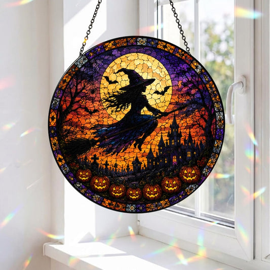 Halloween Witch Glass Suncatcher, Stained Glass Window Hanging, Witch Flying Moon Decor, Gothic Castle Halloween Ornament, Spooky Home Decor