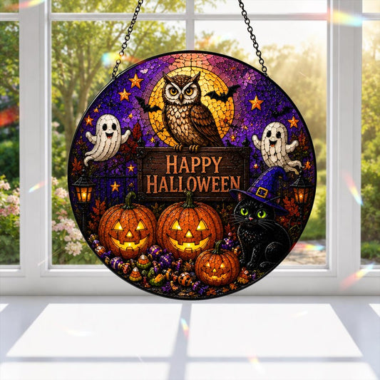 Halloween Owl Glass Suncatcher, Black Cat Window Hanging, Stained Glass Halloween Decor, Ghost Pumpkin Ornament, Spooky Fall Window Decor