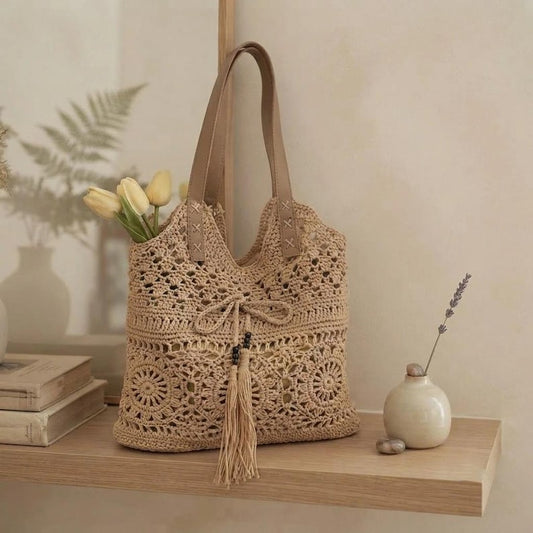 Boho Crochet Tote Bag, Large Beach Shoulder Bag, Cotton Faux Leather Straps, Summer Market