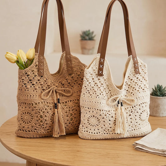 Boho Crochet Tote Bag, Large Beach Shoulder Bag, Cotton Faux Leather Straps, Summer Market