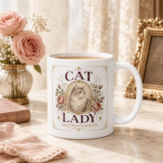 Vintage Cat Lady Ceramic Mug, Floral Victorian Cat Coffee Cup, 11–20 oz