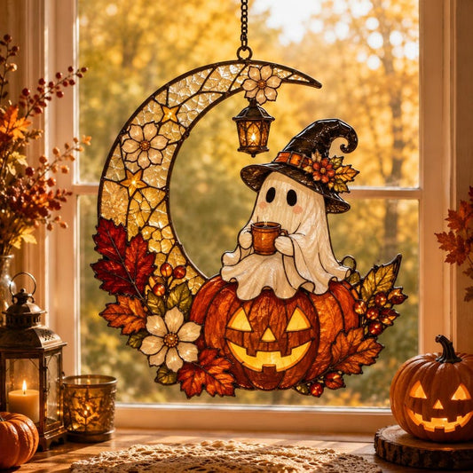 Ghost Pumpkin Moon Acrylic Suncatcher, Ghost Drinking Coffee Window Hanging, Halloween Suncatcher, Thanksgiving Gift For Coffee Lovers