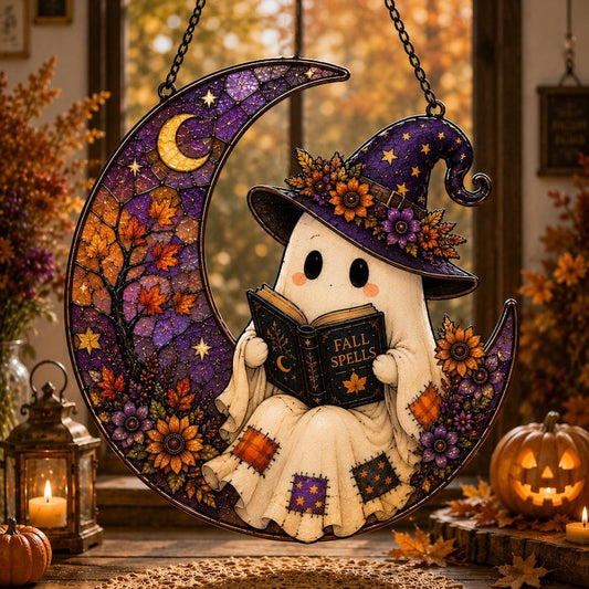 Patchwork Ghost Reading Book Acrylic Suncatcher, Witchy Ghost In The Moon Window Hanging, Book Lover Gift, Halloween Booklist Ornament Gift