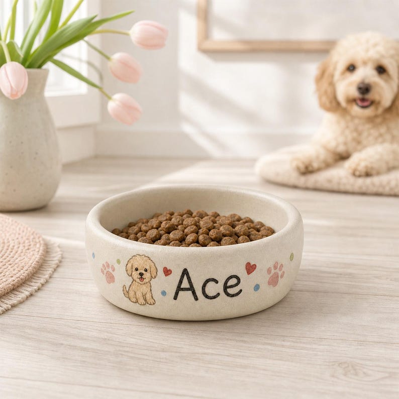 Personalized Ceramic Dog Bowl, Custom Pet Food Dish, Handmade Pottery, Custom Size Color