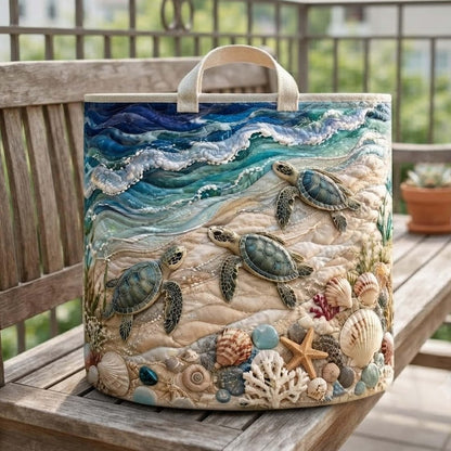 Turtle Sea Quilted Laundry Basket: Coastal Ocean Marine Life Storage Bin, Quilt Fabric Hamper
