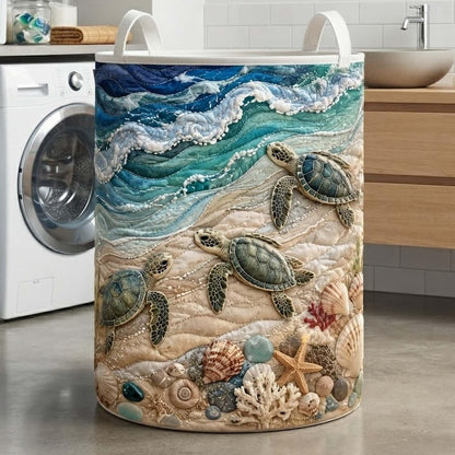 Turtle Sea Quilted Laundry Basket: Coastal Ocean Marine Life Storage Bin, Quilt Fabric Hamper