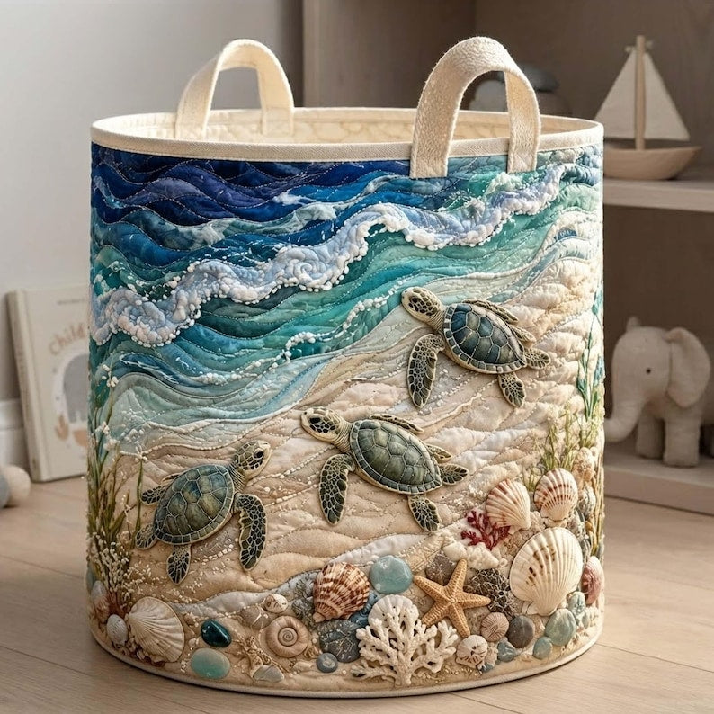 Turtle Sea Quilted Laundry Basket: Coastal Ocean Marine Life Storage Bin, Quilt Fabric Hamper