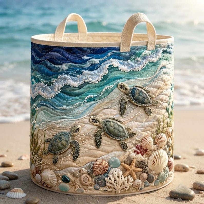 Turtle Sea Quilted Laundry Basket: Coastal Ocean Marine Life Storage Bin, Quilt Fabric Hamper