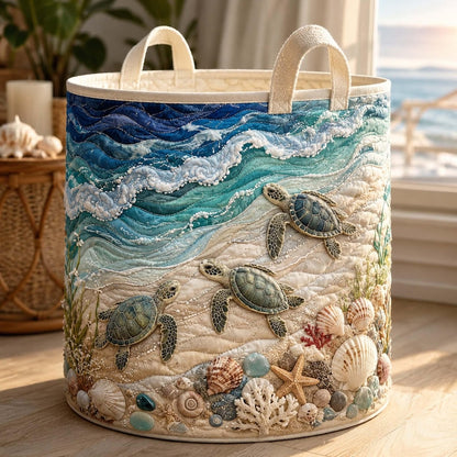 Turtle Sea Quilted Laundry Basket: Coastal Ocean Marine Life Storage Bin, Quilt Fabric Hamper
