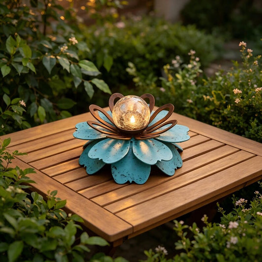 Metal Flower Solar Outdoor Light, Outdoor Garden Decor Solar Lamp With Crackle Glass Globe, Yard Landscape Decor