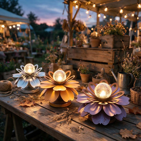Metal Flower Solar Outdoor Light, Outdoor Garden Decor Solar Lamp With Crackle Glass Globe, Yard Landscape Decor