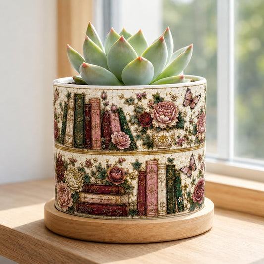 Rose Stained-Glass Style Floral BookSelf Plant Pot, Book Lover Gift, Librarian Gift, Teacher Back to School, Book Lover Gift, Desk Decor