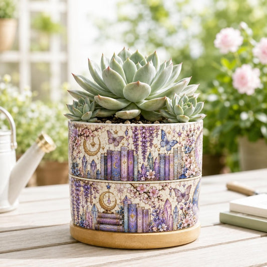 Blossom Floral & Crystal Stained Glass Style Plant Pot, Floral Bookish Gift For Reader, Library Decor, Librarian Bookworm Gift for Reader
