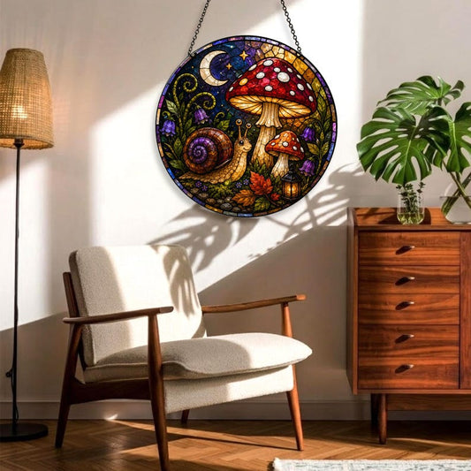 Moonlit Snail Stained Glass Suncatcher, Mushroom Window Hanging, Cottagecore Forest Decor, Moon & Lantern Acrylic Ornament, Whimsical Nature