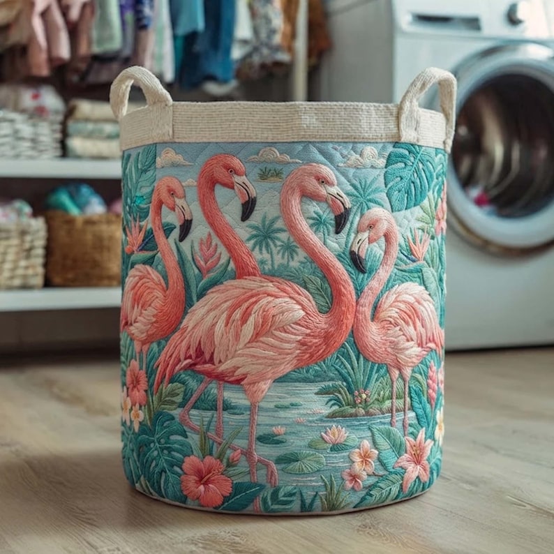 Flamingo Charm Quilted Laundry Basket: Tropical Flamingo Hamper, Elegant Storage Bin