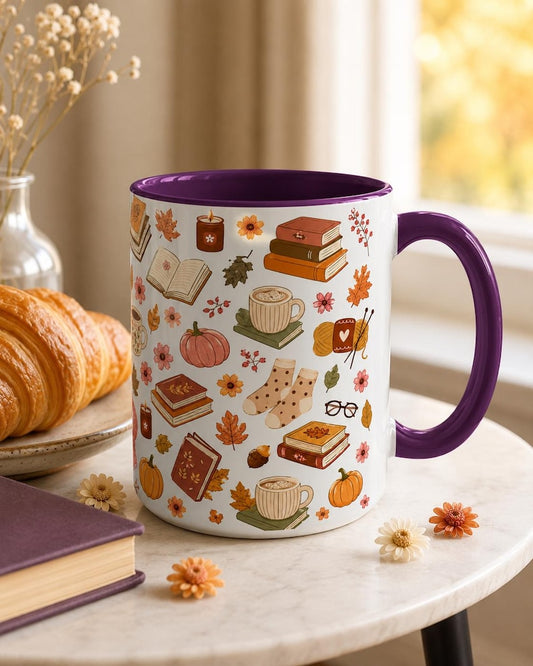 Cozy Autumn Book Lover Mug, Fall Pumpkin Spice Reading Cup, Cottagecore 11oz