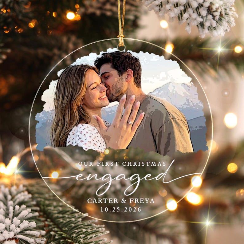 Personalized First Christmas Engaged Ornament, Engagement Photo Keepsake 2026, Bride and Groom Gift