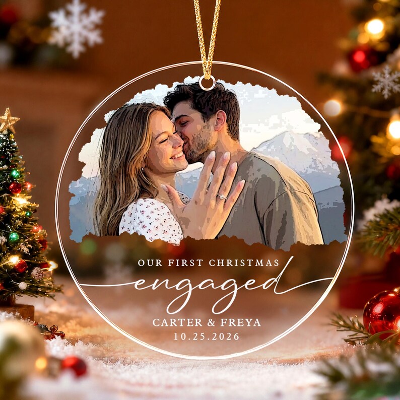 Personalized First Christmas Engaged Ornament, Engagement Photo Keepsake 2026, Bride and Groom Gift