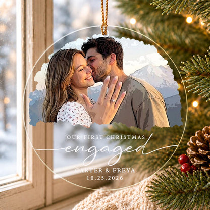 Personalized First Christmas Engaged Ornament, Engagement Photo Keepsake 2026, Bride and Groom Gift