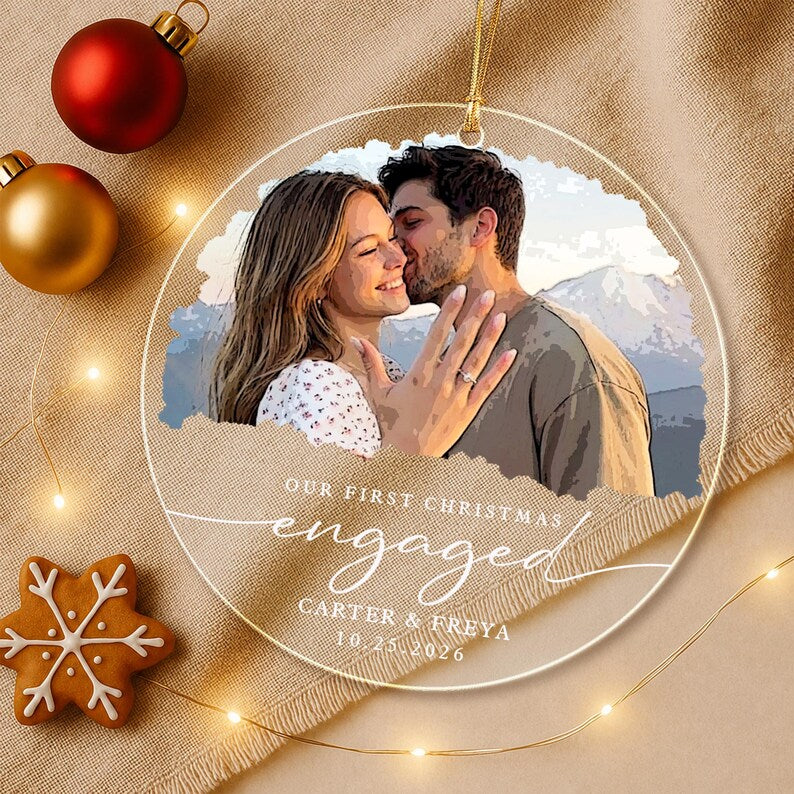 Personalized First Christmas Engaged Ornament, Engagement Photo Keepsake 2026, Bride and Groom Gift