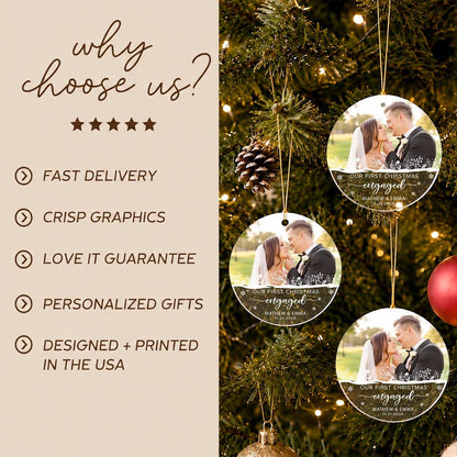 Personalized First Christmas Engaged Ornament, Engagement Photo Keepsake, Gift for Couple