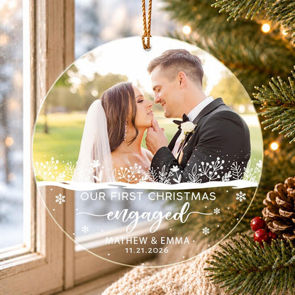 Personalized First Christmas Engaged Ornament, Engagement Photo Keepsake, Gift for Couple