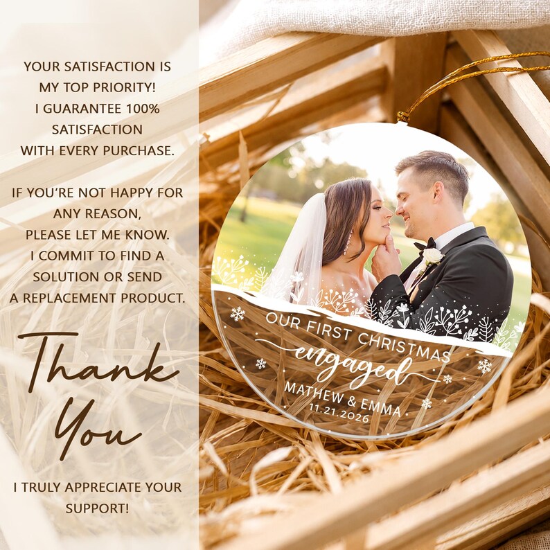 Personalized First Christmas Engaged Ornament, Engagement Photo Keepsake, Gift for Couple