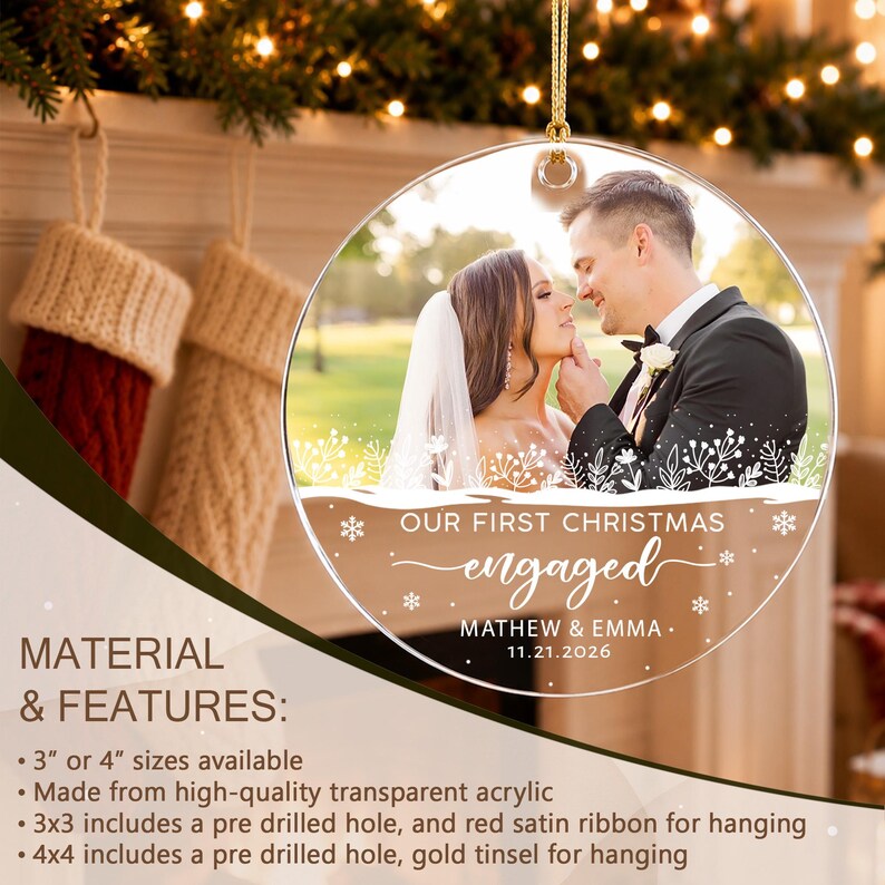 Personalized First Christmas Engaged Ornament, Engagement Photo Keepsake, Gift for Couple