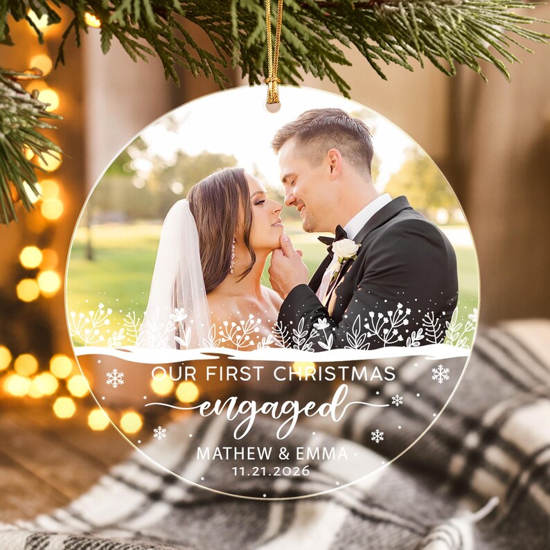 Personalized First Christmas Engaged Ornament, Engagement Photo Keepsake, Gift for Couple