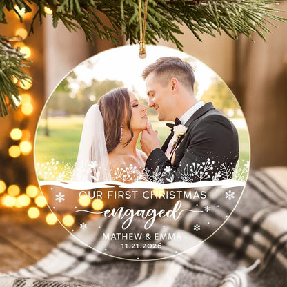 Personalized First Christmas Engaged Ornament, Engagement Photo Keepsake, Gift for Couple