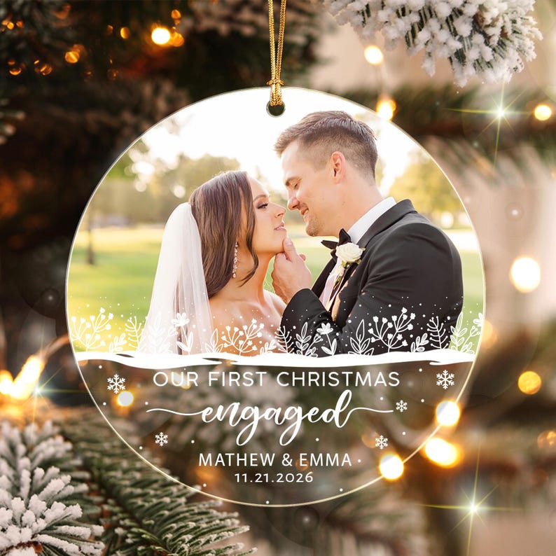 Personalized First Christmas Engaged Ornament, Engagement Photo Keepsake, Gift for Couple